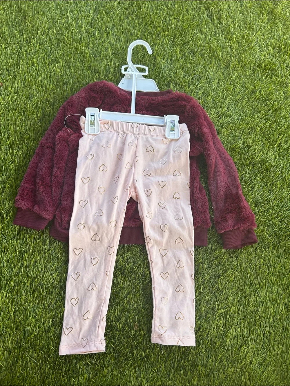 btween Burgundy Plush Heart & Rainbow Top with Cream Heart-Print Leggings